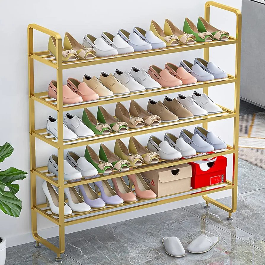 5 Tier Standing Shoe Rack, Golden Shoe Rack Stand Metal, Space Saving, Multifunction Shoe Storage Shelf Organizer for Living Room Hallway Cloakroom - Image 2