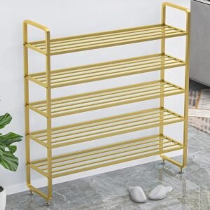 5 Tier Standing Shoe Rack, Golden Shoe Rack Stand Metal, Space Saving, Multifunction Shoe Storage Shelf Organizer for Living Room Hallway Cloakroom
