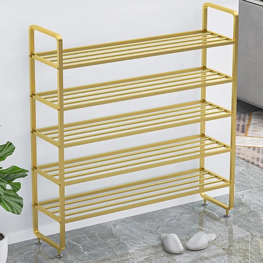 5 Tier Standing Shoe Rack, Golden Shoe Rack Stand Metal, Space Saving, Multifunction Shoe Storage Shelf Organizer for Living Room Hallway Cloakroom - Image 5