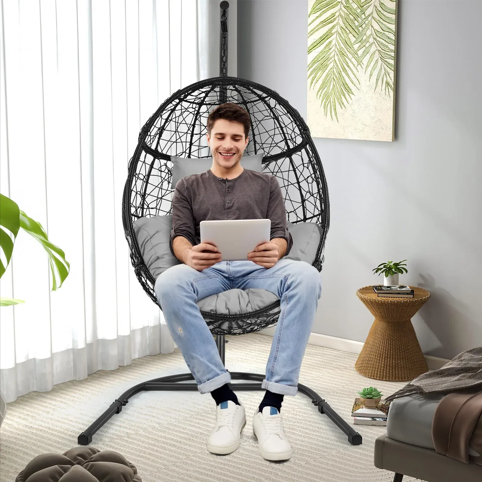 Swing Egg Chair with Stand Indoor Outdoor Wicker Rattan Patio Basket Hanging Chair with UV Resistant Cushions 350lbs Capacity for Bedroom Balcony Patio (Grey) - Image 4