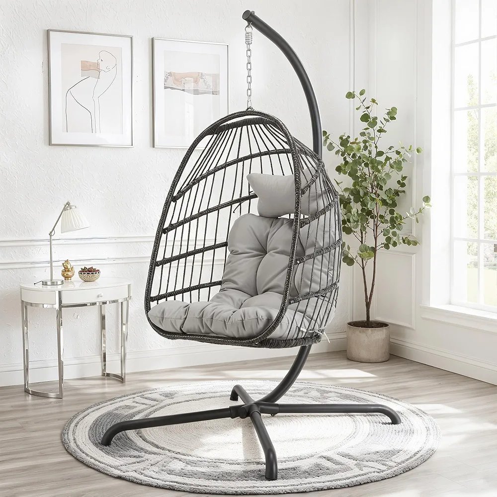Swing Egg Chair with Stand Indoor Outdoor Wicker Rattan Patio Basket Hanging Chair with UV Resistant Cushions 350lbs Capacity for Bedroom Balcony Patio (Grey) - Image 3