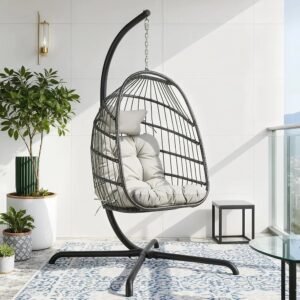 Swing Egg Chair with Stand Indoor Outdoor Wicker Rattan Patio Basket Hanging Chair with UV Resistant Cushions 350lbs Capacity for Bedroom Balcony Patio (Grey)