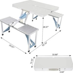 Picnic Tables, One Piece Folding Table and Chair Aluminum Alloy, Portable Folding Camping Picnic Table and 4 Seats, Portable Desk, for Indoor Outdoor Travel, Camping, Hole for Parasol