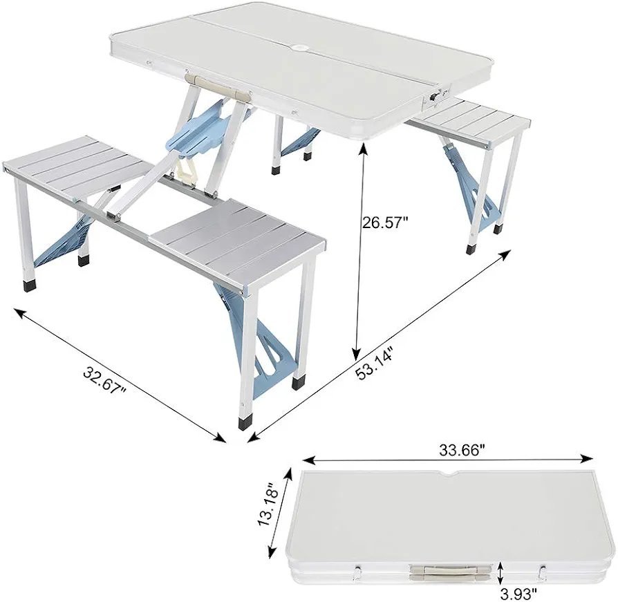 Picnic Tables, One Piece Folding Table and Chair Aluminum Alloy, Portable Folding Camping Picnic Table and 4 Seats, Portable Desk, for Indoor Outdoor Travel, Camping, Hole for Parasol - Image 2