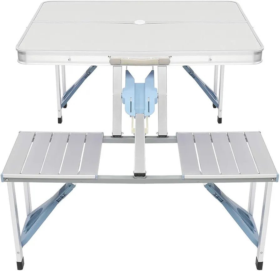 Picnic Tables, One Piece Folding Table and Chair Aluminum Alloy, Portable Folding Camping Picnic Table and 4 Seats, Portable Desk, for Indoor Outdoor Travel, Camping, Hole for Parasol