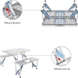 Picnic Tables, One Piece Folding Table and Chair Aluminum Alloy, Portable Folding Camping Picnic Table and 4 Seats, Portable Desk, for Indoor Outdoor Travel, Camping, Hole for Parasol