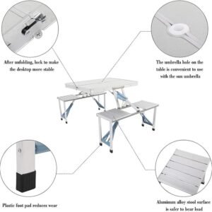 Picnic Tables, One Piece Folding Table and Chair Aluminum Alloy, Portable Folding Camping Picnic Table and 4 Seats, Portable Desk, for Indoor Outdoor Travel, Camping, Hole for Parasol