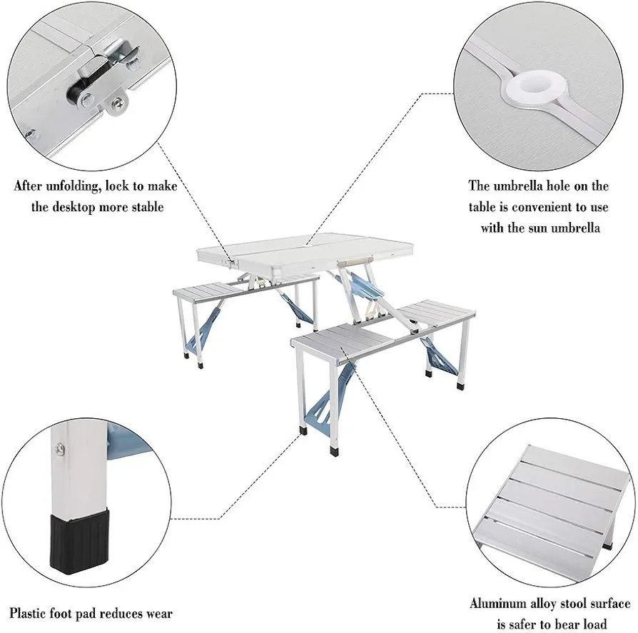 Picnic Tables, One Piece Folding Table and Chair Aluminum Alloy, Portable Folding Camping Picnic Table and 4 Seats, Portable Desk, for Indoor Outdoor Travel, Camping, Hole for Parasol - Image 4