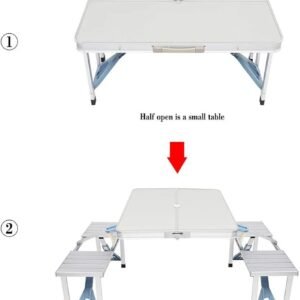 Picnic Tables, One Piece Folding Table and Chair Aluminum Alloy, Portable Folding Camping Picnic Table and 4 Seats, Portable Desk, for Indoor Outdoor Travel, Camping, Hole for Parasol