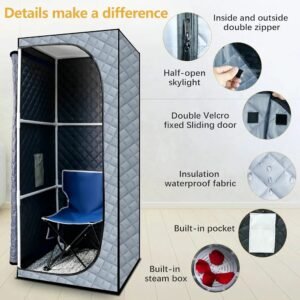 Portable Full Size Steam Sauna, Portable Saunas Fold-able with 2 * 2L Steam Generator Remote Control Folding Chair for Detox Reduce Stress Fatigue Indoor Home (Grey)