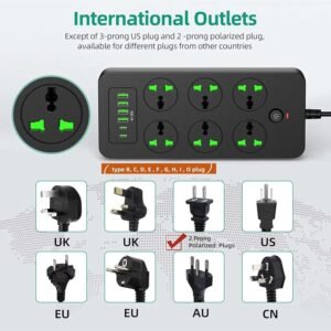 Flat Plug Extension Cord, Universal Power Strip with 6 Outlets 4 USB 2 USB C Ports, 3.1A Fast Charge，Overload Protection, 3000w, 110-240v, Plug Adapter for Home Office Overseas Travel Essentials