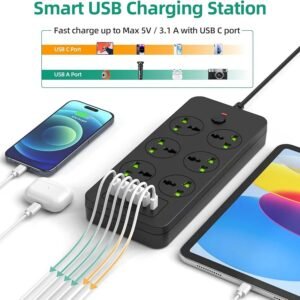 Flat Plug Extension Cord, Universal Power Strip with 6 Outlets 4 USB 2 USB C Ports, 3.1A Fast Charge，Overload Protection, 3000w, 110-240v, Plug Adapter for Home Office Overseas Travel Essentials