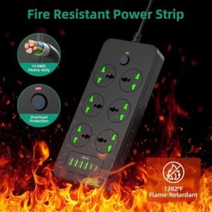 Flat Plug Extension Cord, Universal Power Strip with 6 Outlets 4 USB 2 USB C Ports, 3.1A Fast Charge，Overload Protection, 3000w, 110-240v, Plug Adapter for Home Office Overseas Travel Essentials