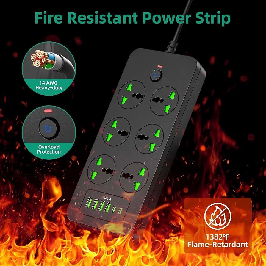 Flat Plug Extension Cord, Universal Power Strip with 6 Outlets 4 USB 2 USB C Ports, 3.1A Fast Charge,Overload Protection, 3000w, 110-240v, Plug Adapter for Home Office Overseas Travel Essentials - Image 3