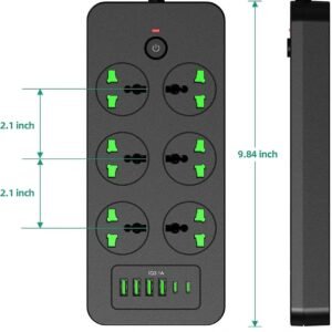 Flat Plug Extension Cord, Universal Power Strip with 6 Outlets 4 USB 2 USB C Ports, 3.1A Fast Charge，Overload Protection, 3000w, 110-240v, Plug Adapter for Home Office Overseas Travel Essentials