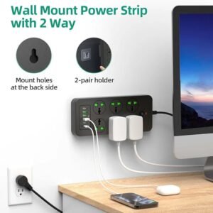 Flat Plug Extension Cord, Universal Power Strip with 6 Outlets 4 USB 2 USB C Ports, 3.1A Fast Charge，Overload Protection, 3000w, 110-240v, Plug Adapter for Home Office Overseas Travel Essentials