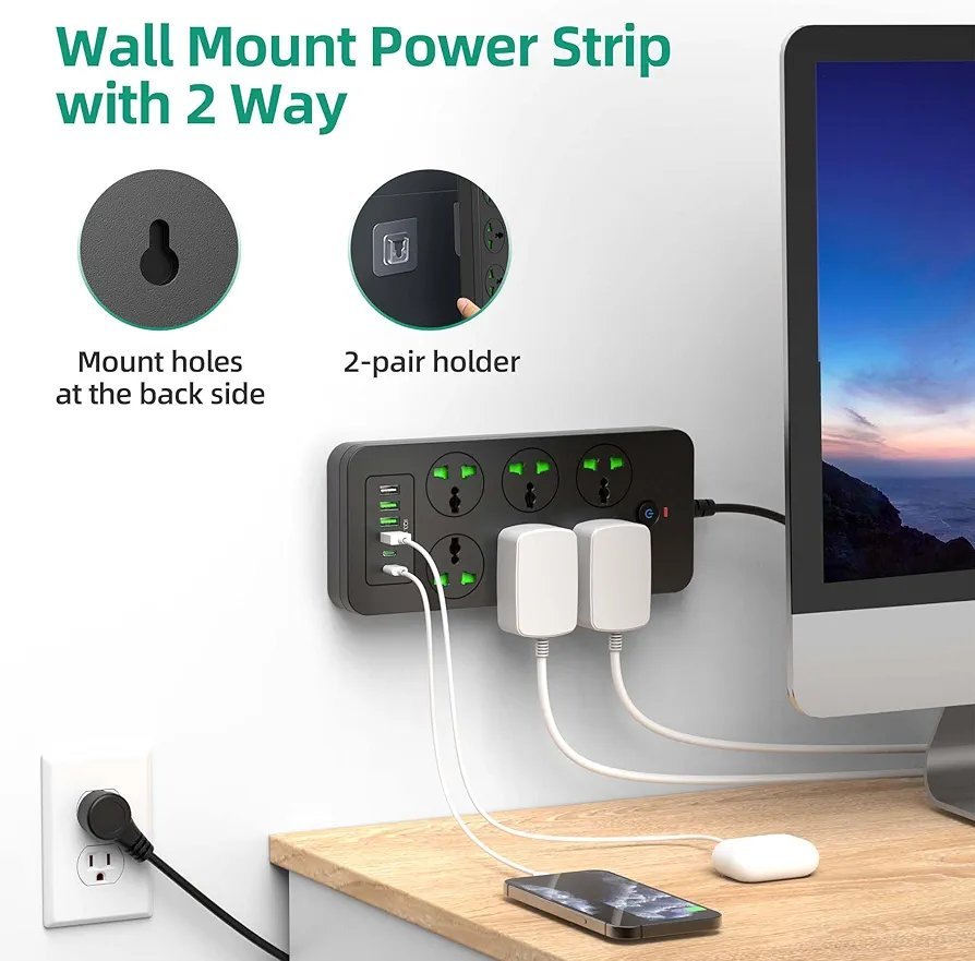 Flat Plug Extension Cord, Universal Power Strip with 6 Outlets 4 USB 2 USB C Ports, 3.1A Fast Charge,Overload Protection, 3000w, 110-240v, Plug Adapter for Home Office Overseas Travel Essentials - Image 6