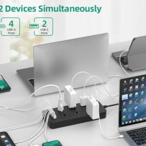 Flat Plug Extension Cord, Universal Power Strip with 6 Outlets 4 USB 2 USB C Ports, 3.1A Fast Charge，Overload Protection, 3000w, 110-240v, Plug Adapter for Home Office Overseas Travel Essentials