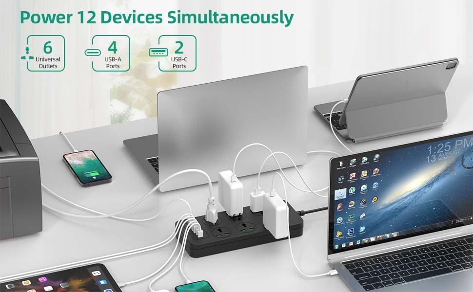 Flat Plug Extension Cord, Universal Power Strip with 6 Outlets 4 USB 2 USB C Ports, 3.1A Fast Charge,Overload Protection, 3000w, 110-240v, Plug Adapter for Home Office Overseas Travel Essentials - Image 5