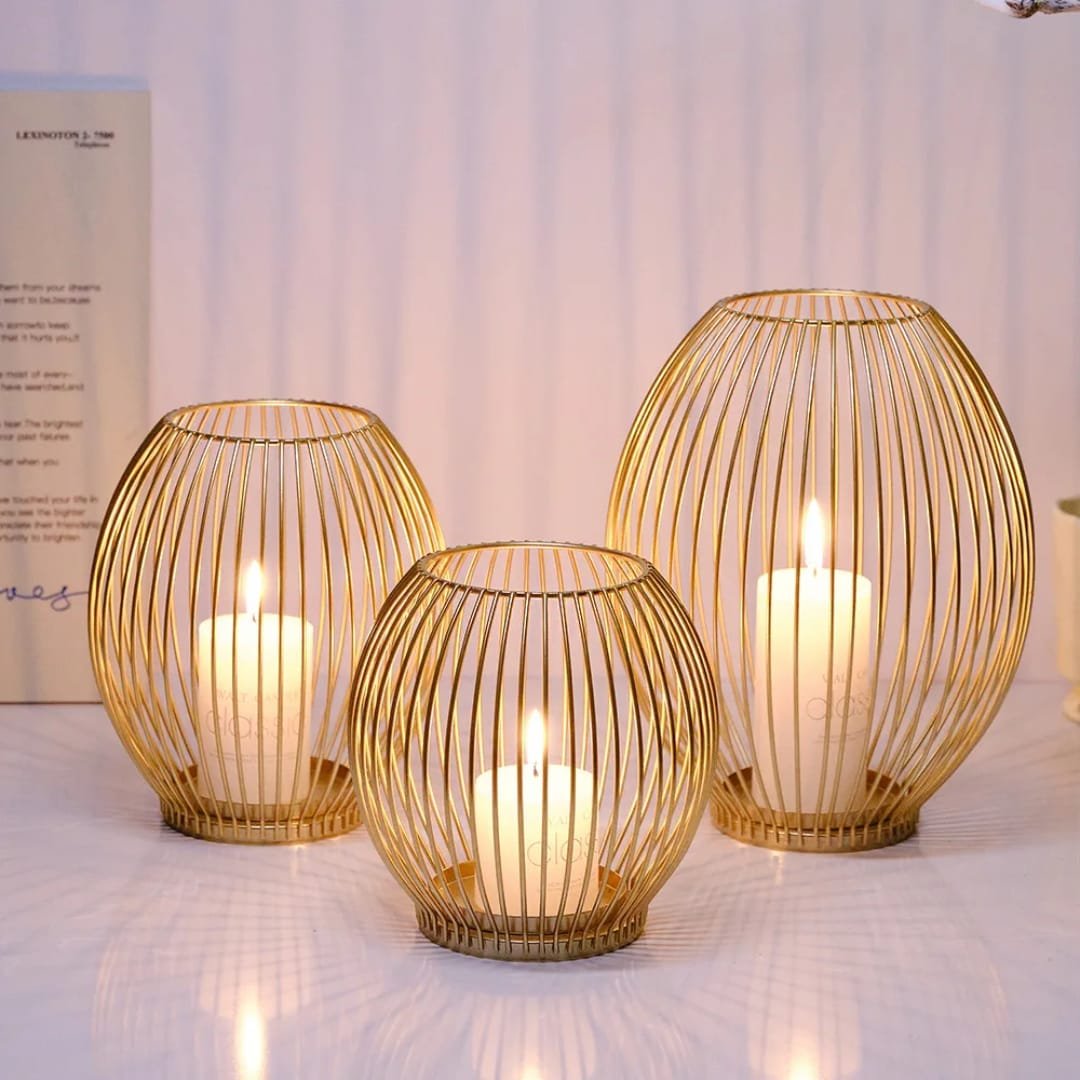 golden metal cage candle holders